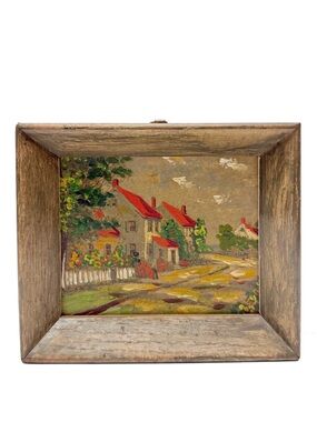 Vintage Original Quaint Village Red Roof Cottages Small Mini Painting Framed